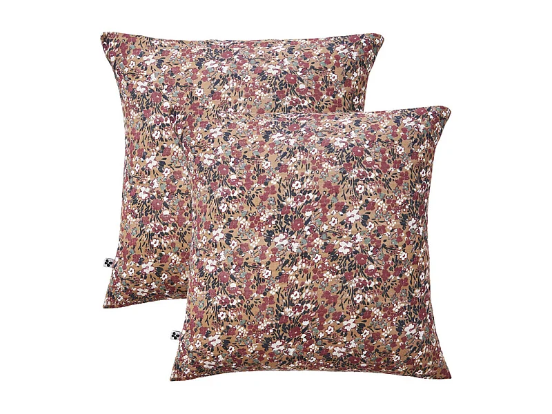 Lot 2 taies 60 x 60 cm en gaze de coton camel et fleuri - ISABELA 1