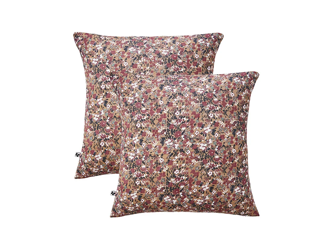 Lot 2 taies 60 x 60 cm en gaze de coton camel et fleuri - ISABELA 1
