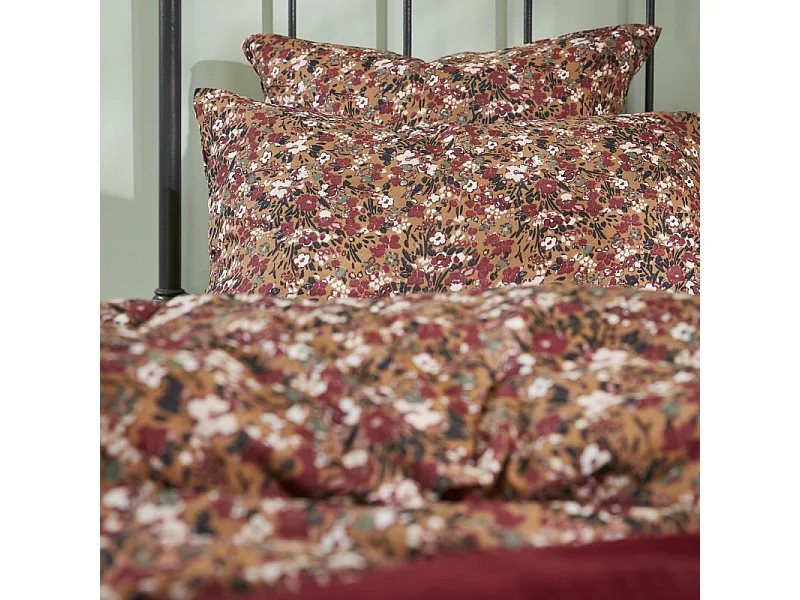 Lot 2 taies 60 x 60 cm en gaze de coton camel et fleuri - ISABELA 1