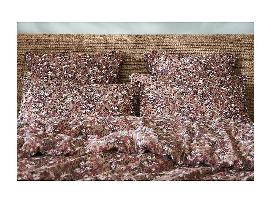 Lot 2 taies 60 x 60 cm en gaze de coton camel et fleuri - ISABELA 1