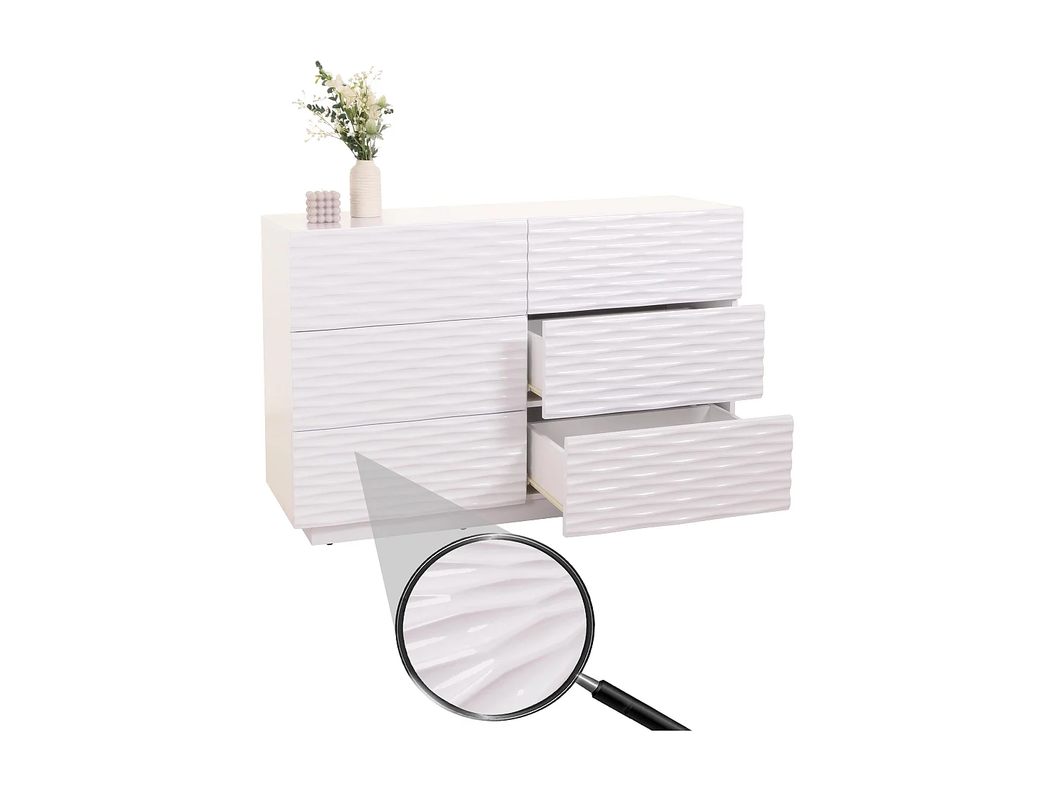 Kommode MCW-M52, Schrank Sideboard, 3D-Design Schubladen Push-to-open, 81x120x42cm Hochglanz weiß