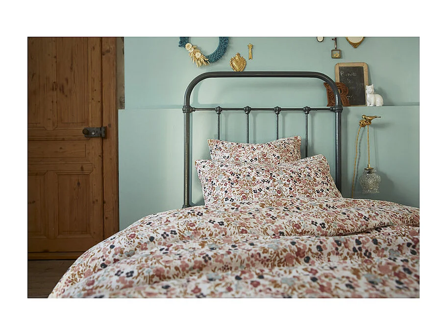 Housse de couette 140 x 200 gaze de coton écru et fleuri - ISABELA 2