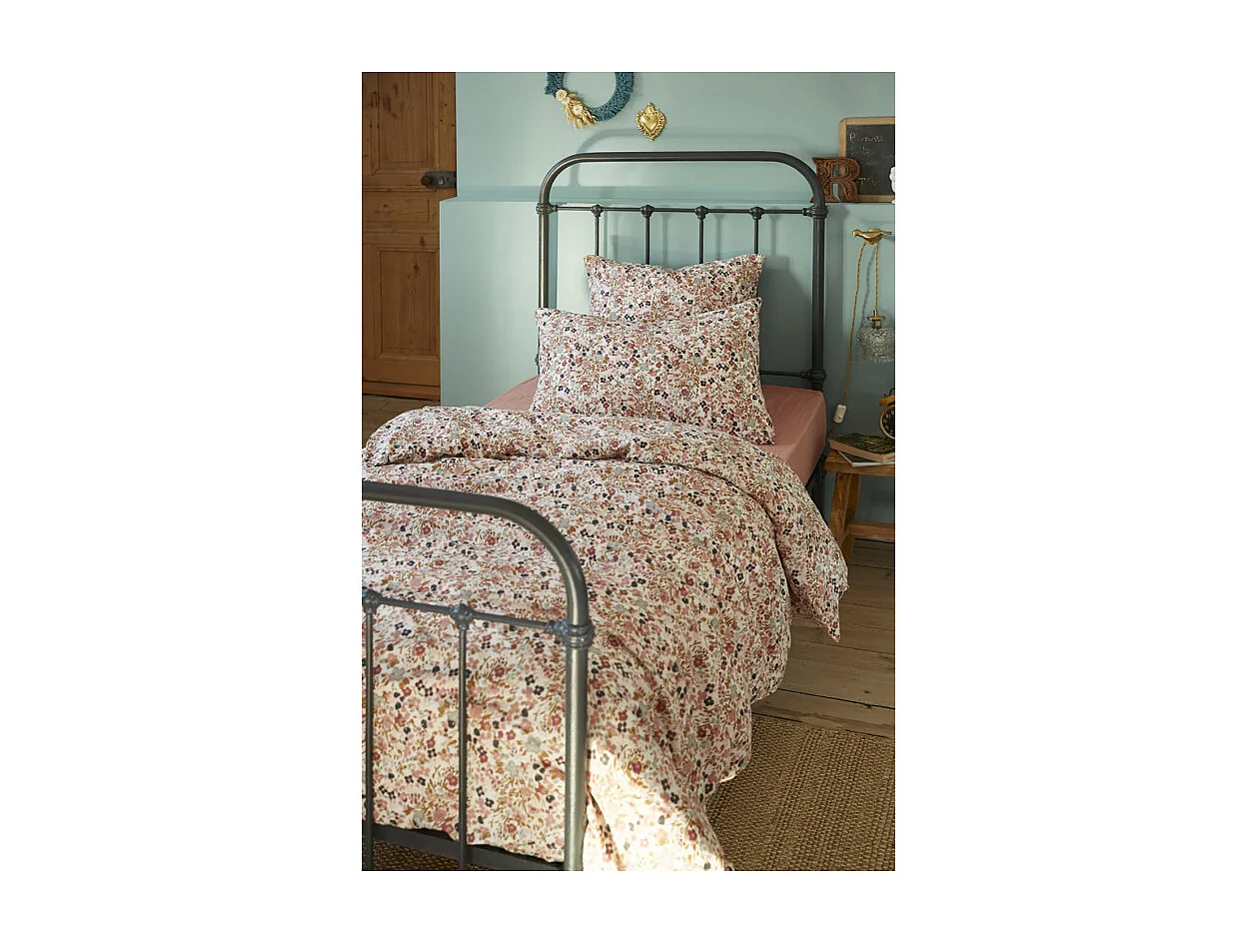 Housse de couette 140 x 200 gaze de coton écru et fleuri - ISABELA 2