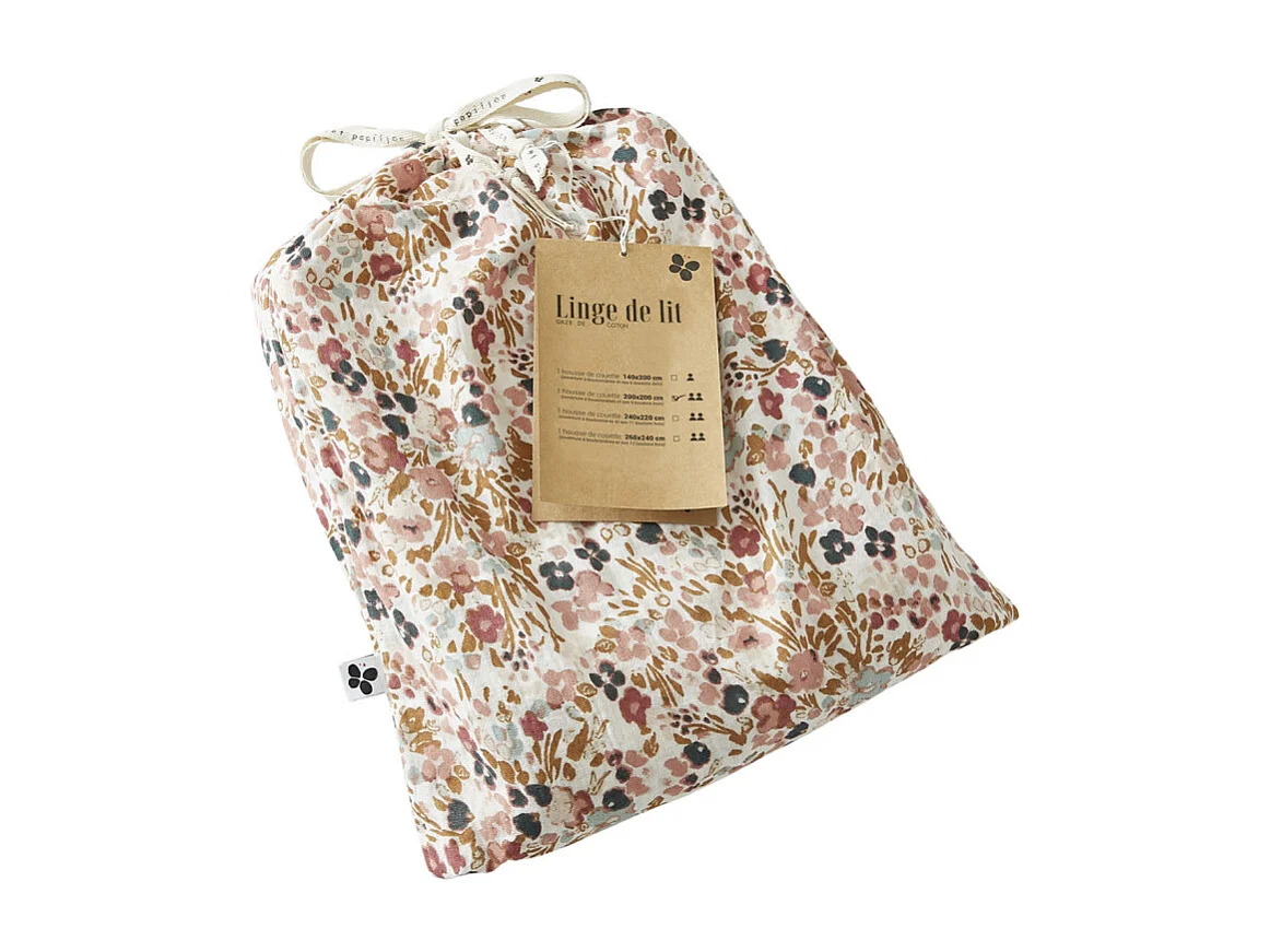 Housse de couette 200 x 200 gaze de coton écru et fleuri - ISABELA 2