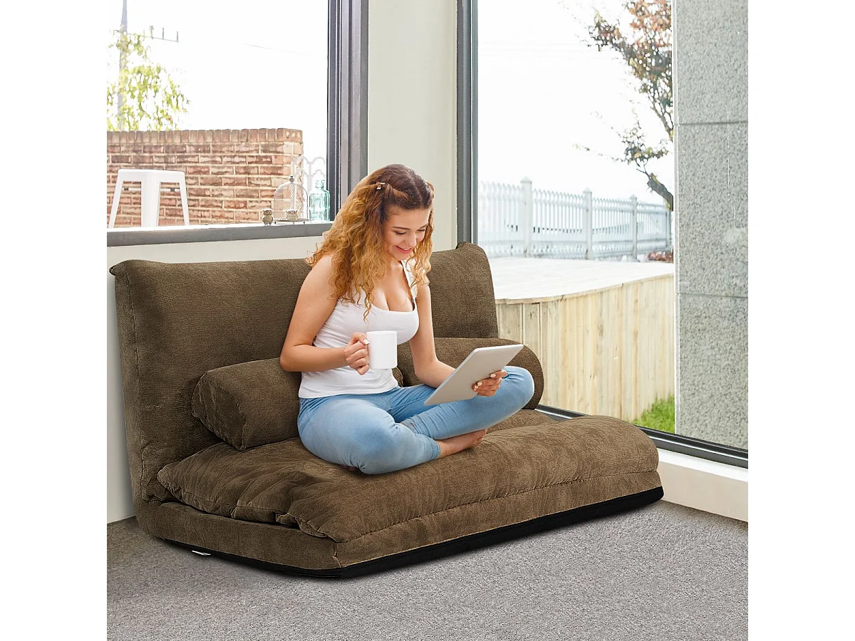 Canapé-lit Paresseux Pliable, Canapé de Sol Réglable 90°-180° à 6 Positions avec 2 Oreillers Café