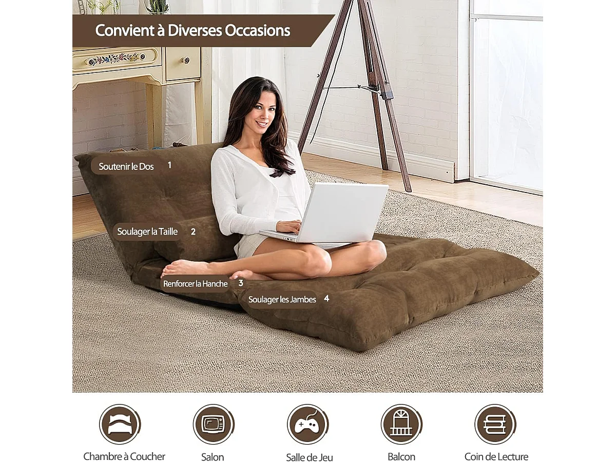Canapé-lit Paresseux Pliable, Canapé de Sol Réglable 90°-180° à 6 Positions avec 2 Oreillers Café