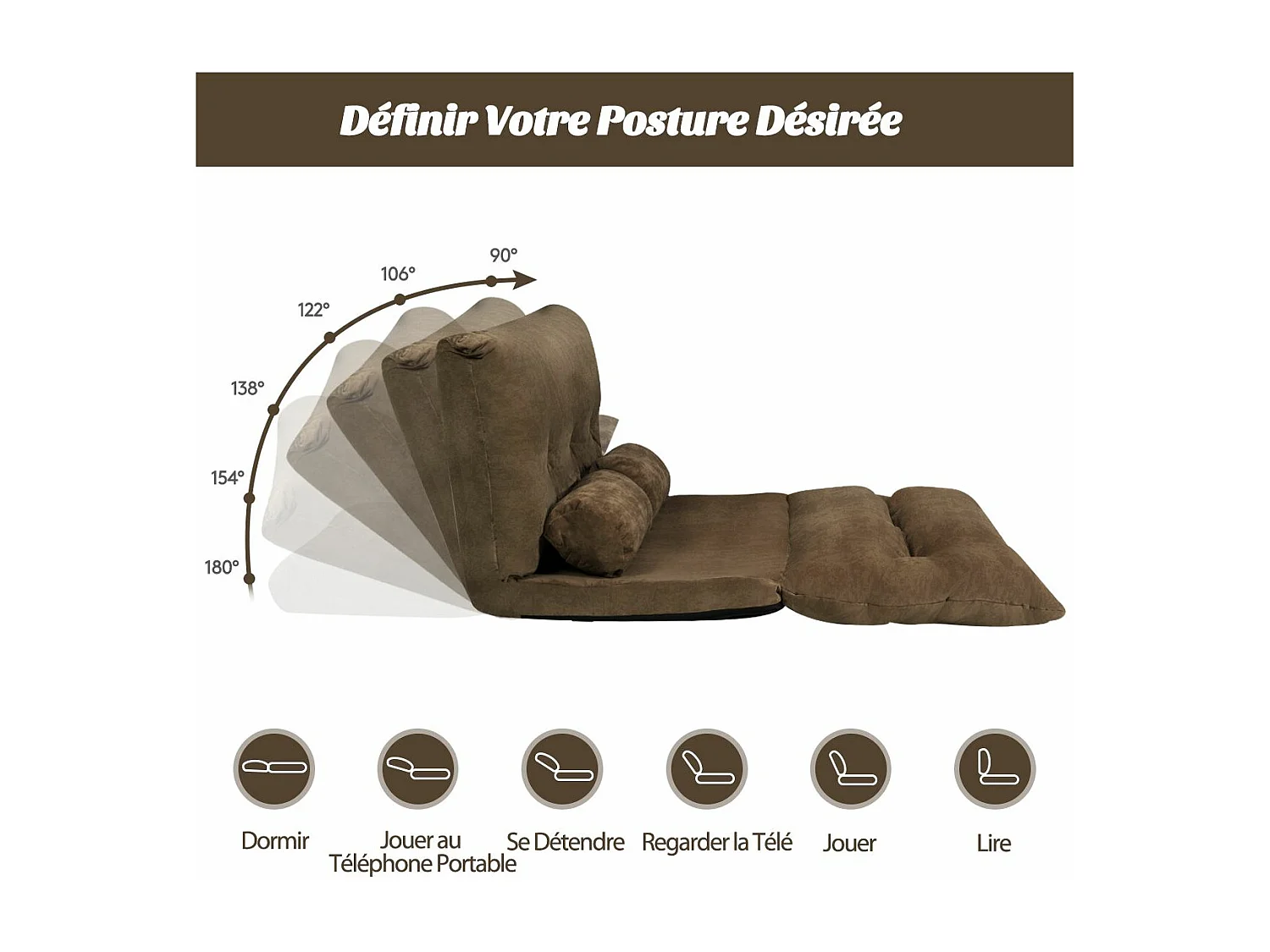 Canapé-lit Paresseux Pliable, Canapé de Sol Réglable 90°-180° à 6 Positions avec 2 Oreillers Café