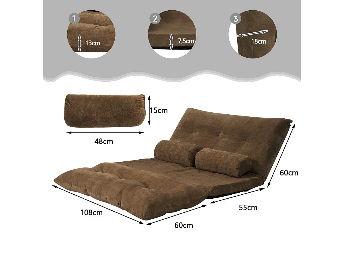 Canapé-lit Paresseux Pliable, Canapé de Sol Réglable 90°-180° à 6 Positions avec 2 Oreillers Café