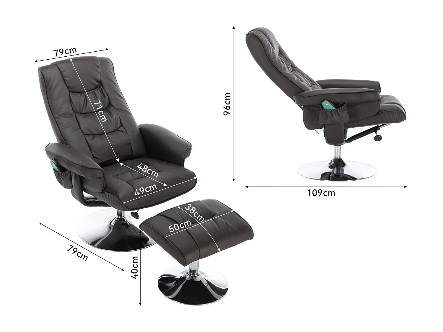 Fauteuil de massage en cuir pu avec repose-pieds,brun,d79 cm×h106cm