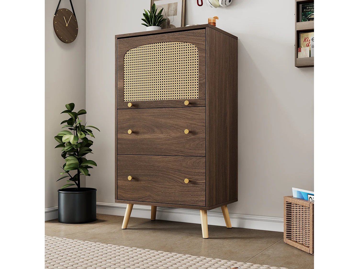 Armoire en noyer avec détails en rotin-stroge,d60cm×h113cm