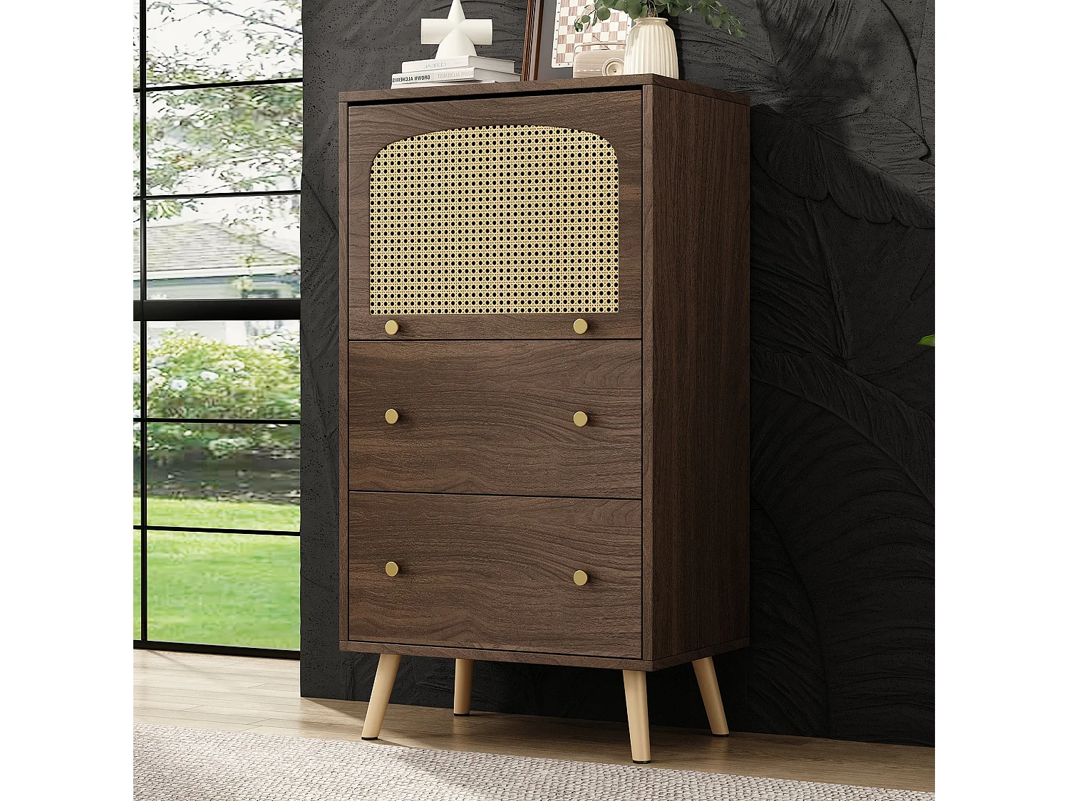 Armoire en noyer avec détails en rotin-stroge,d60cm×h113cm