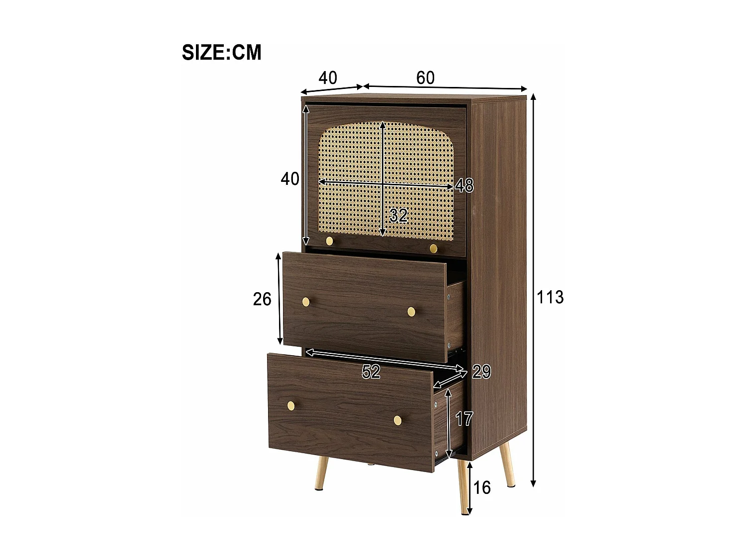 Armoire en noyer avec détails en rotin-stroge,d60cm×h113cm