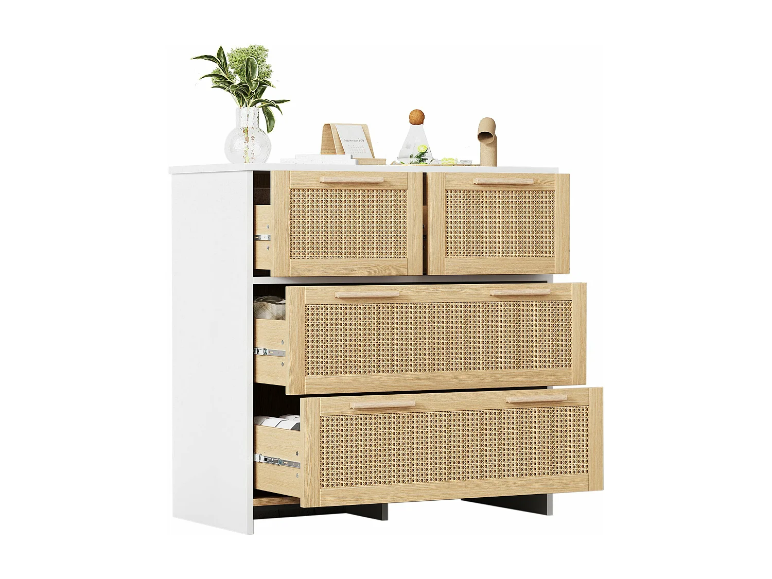 Élégant meuble 4 tiroirs en rotin, coloris naturel,d95cm×h32cm