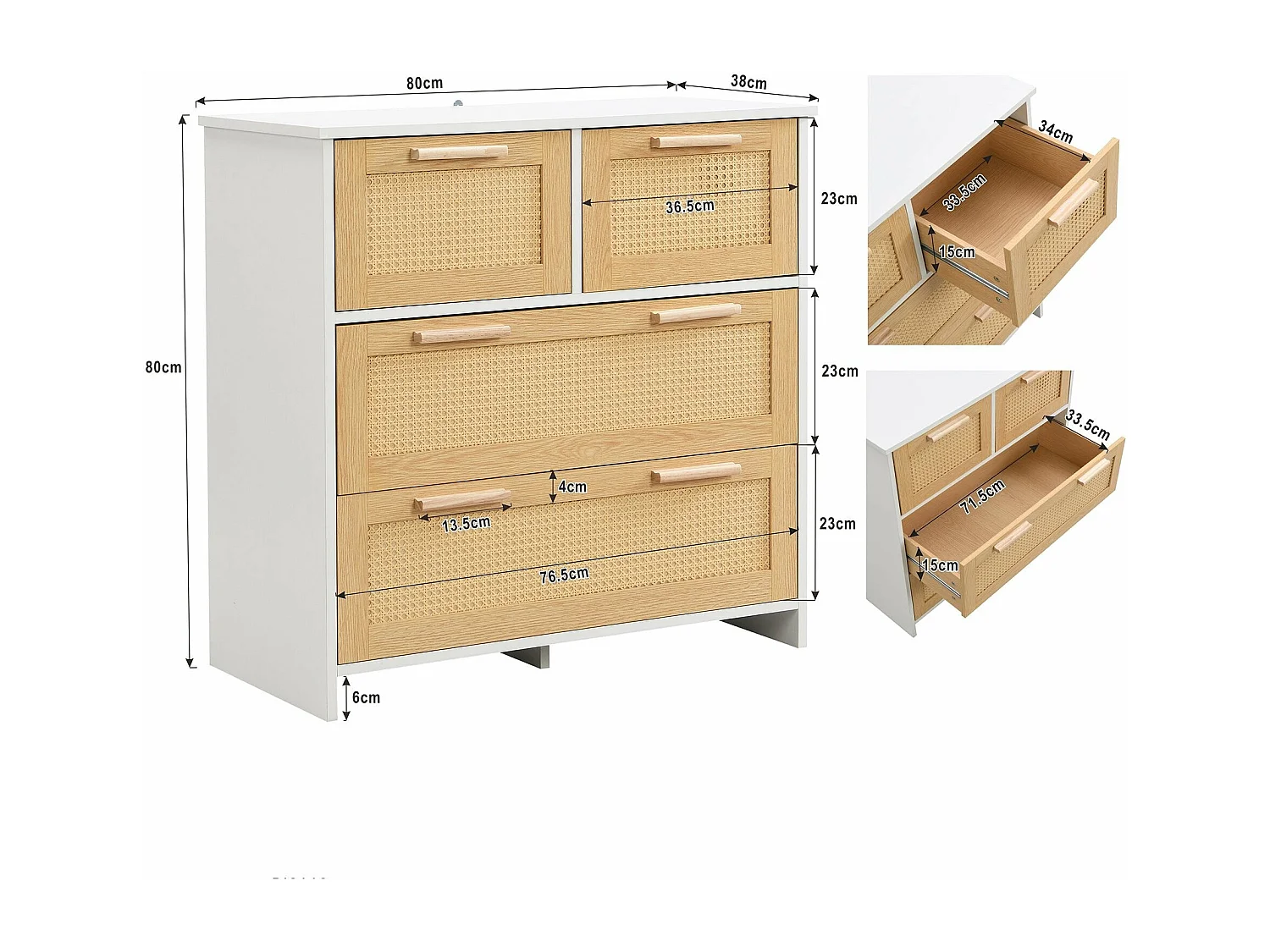Élégant meuble 4 tiroirs en rotin, coloris naturel,d95cm×h32cm
