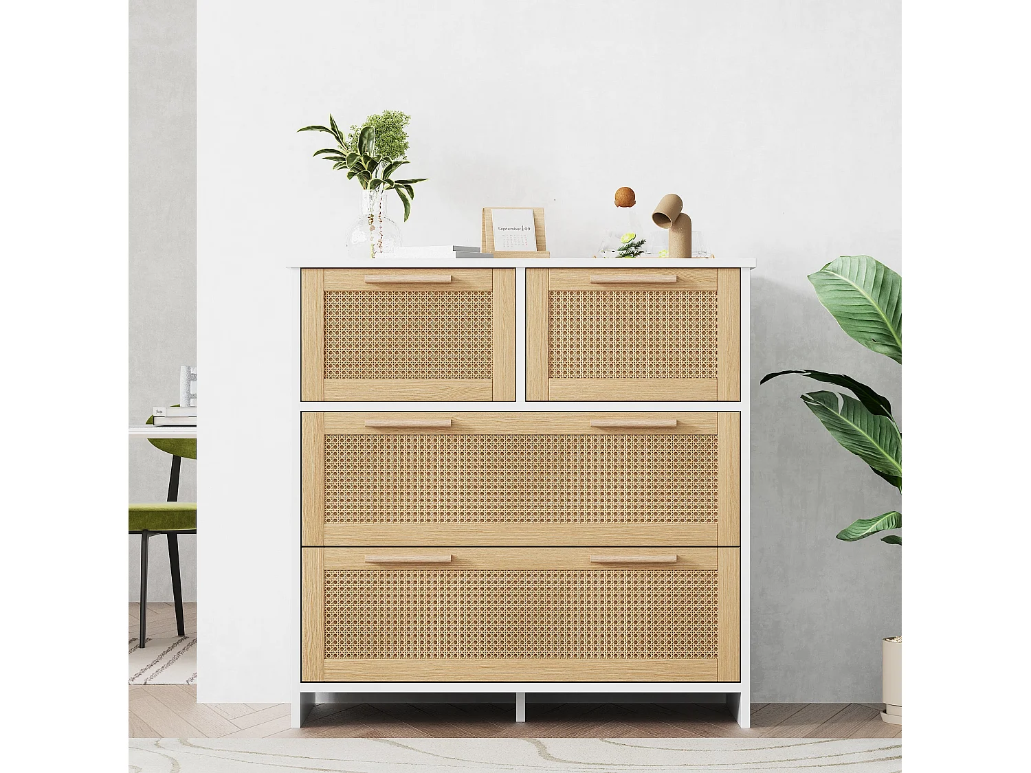 Élégant meuble 4 tiroirs en rotin, coloris naturel,d95cm×h32cm