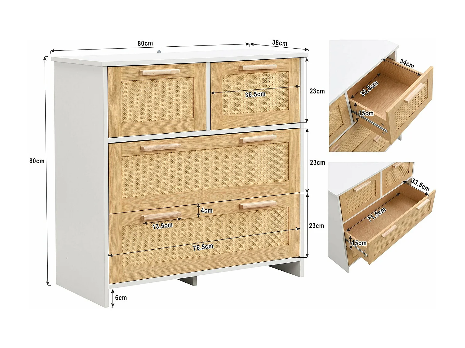 Élégant meuble 4 tiroirs en rotin, coloris naturel,d95cm×h32cm