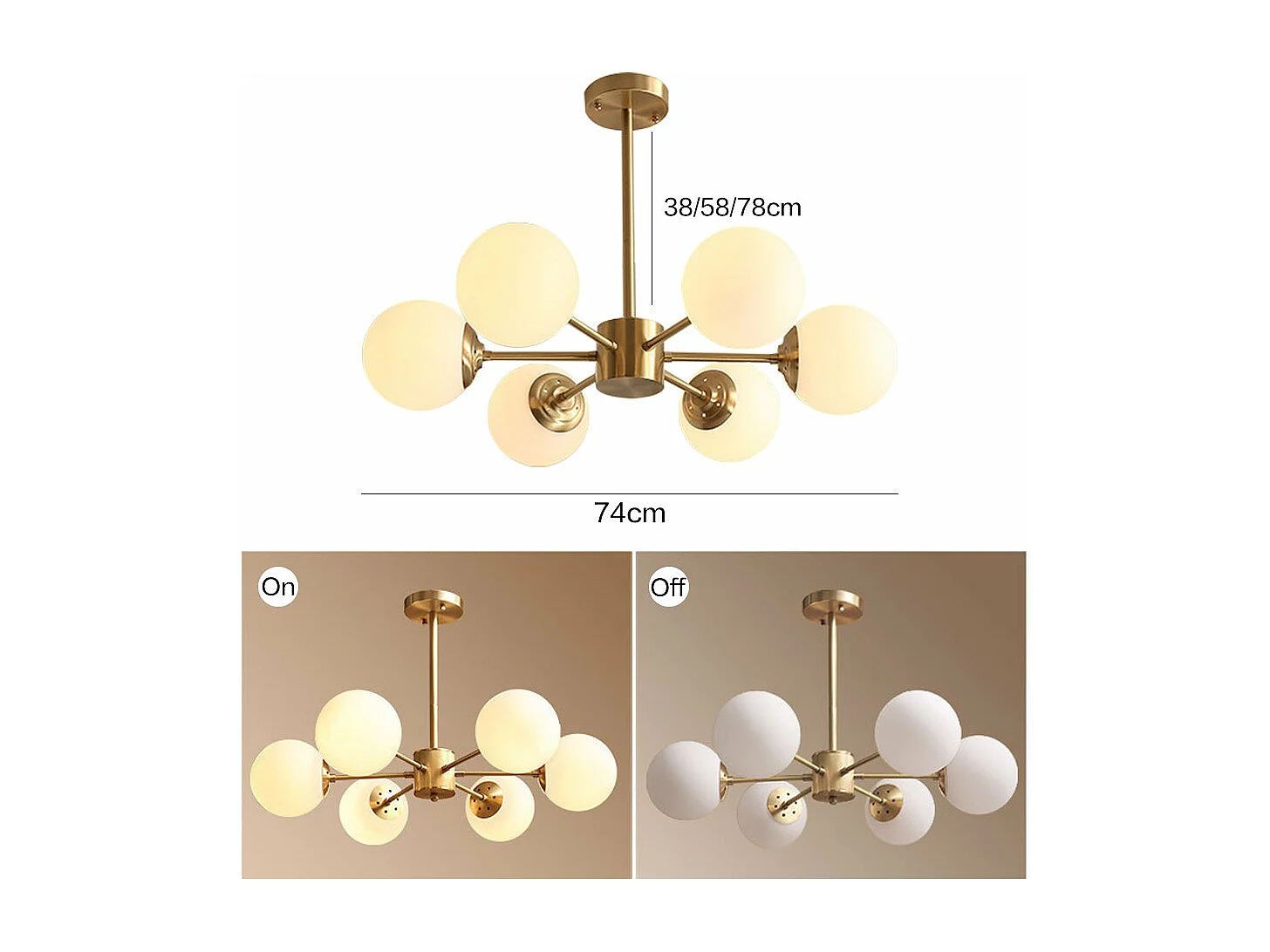 Lustre moderne sputnik à 8 lumières luminaire suspendu en métal laiton brossé, style cuisine, design milieu du siècle