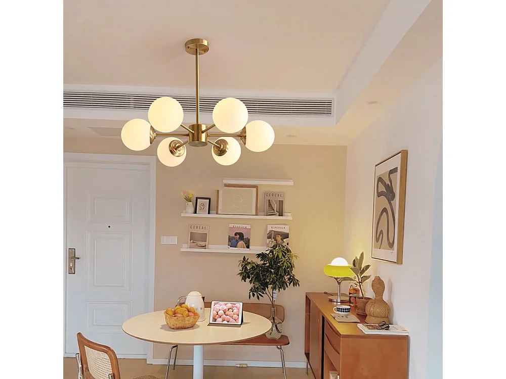 Lustre moderne sputnik à 6 lumières luminaire suspendu en métal laiton brossé, style cuisine, design milieu du siècle