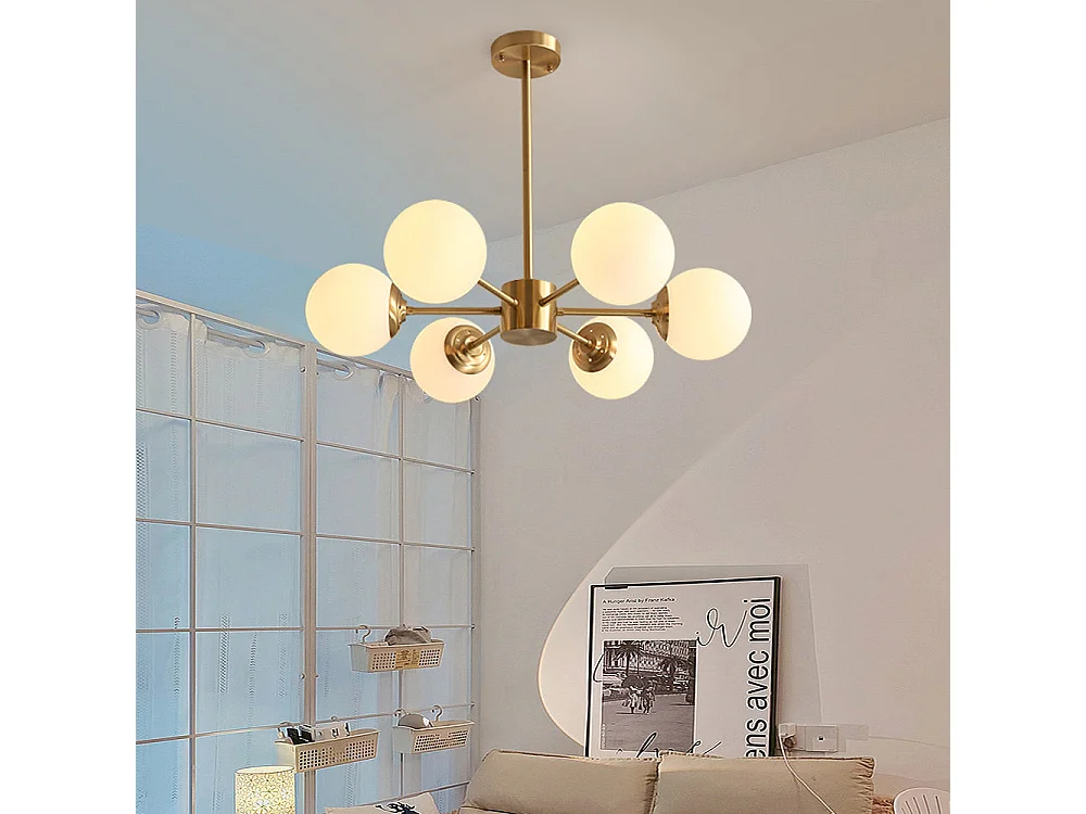 Lustre moderne sputnik à 6 lumières luminaire suspendu en métal laiton brossé, style cuisine, design milieu du siècle