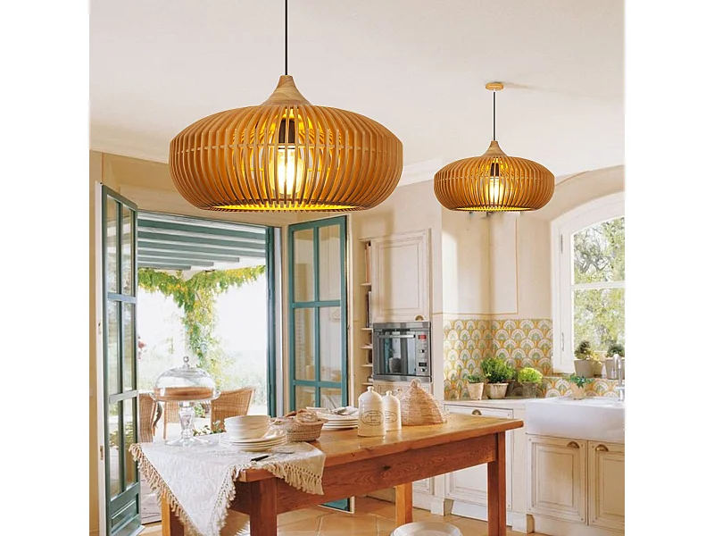 Suspension luminaire, éclairage intérieur, abat-jour tambour, bois, douille e27, naturel, lampe plafond suspendue en bois style rustique ferme,d43cm x h28cm.