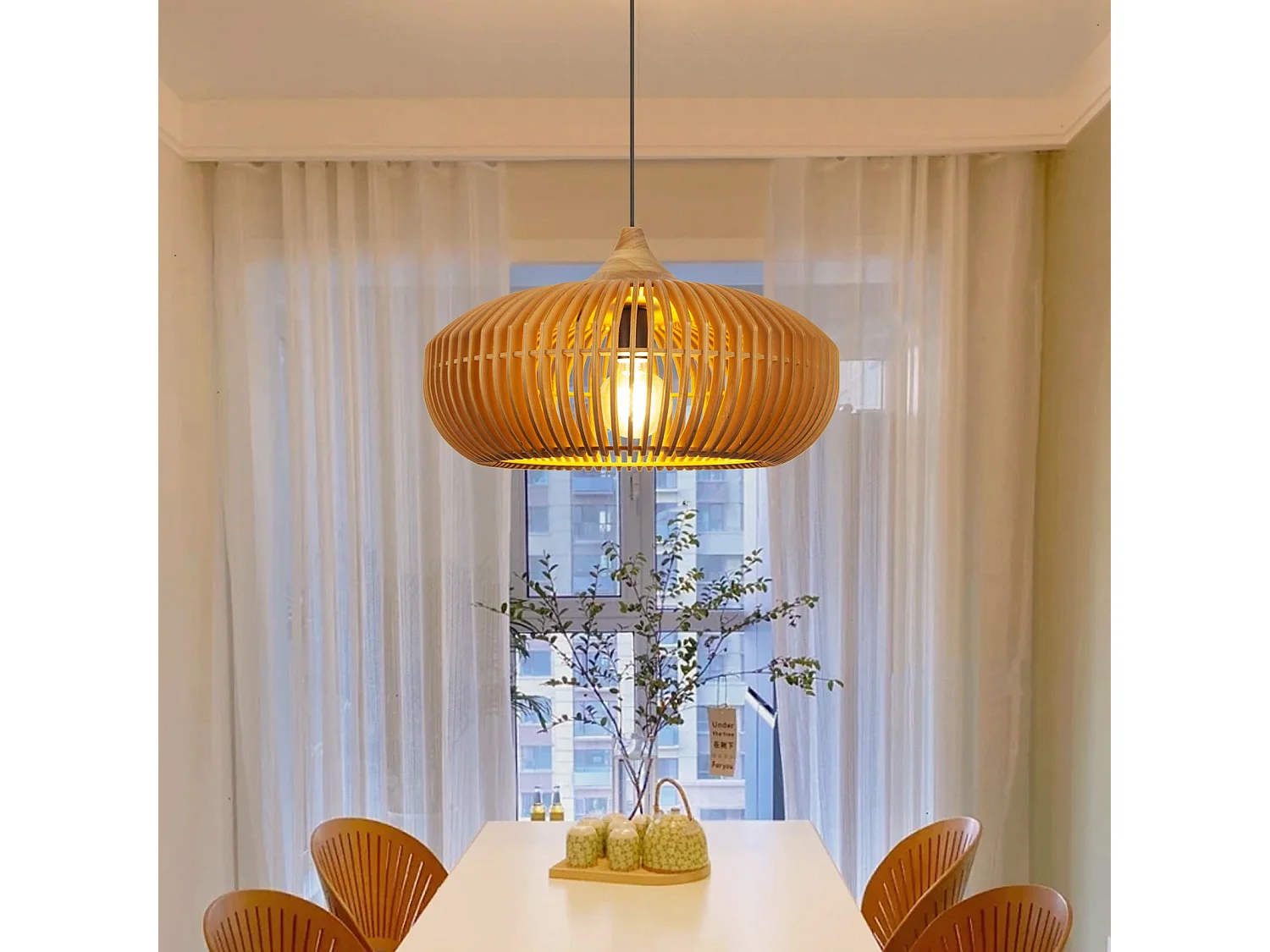 Suspension luminaire, éclairage intérieur, abat-jour tambour, bois, douille e27, naturel, lampe plafond suspendue en bois style rustique ferme,d43cm x h28cm.