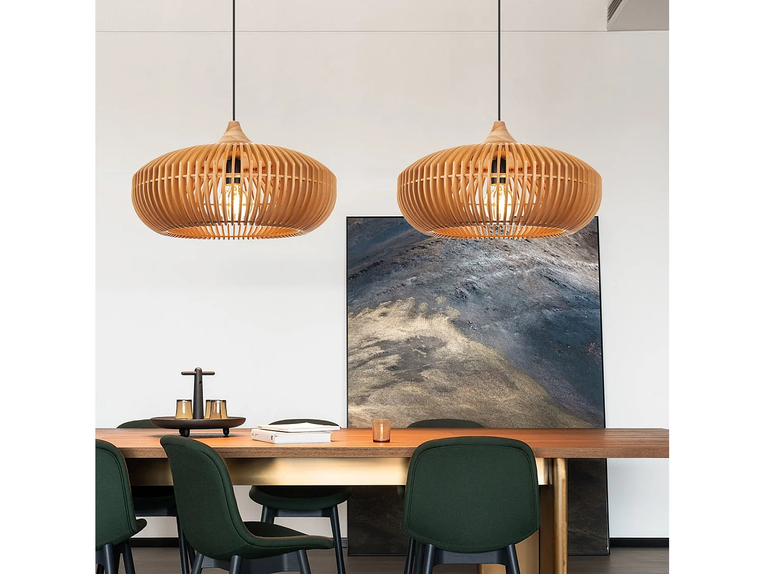 Suspension luminaire, éclairage intérieur, abat-jour tambour, bois, douille e27, naturel, lampe plafond suspendue en bois style rustique ferme,d43cm x h28cm.