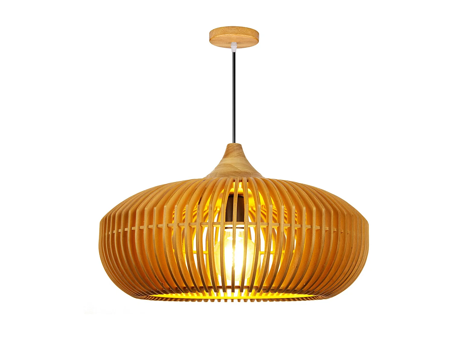 Suspension luminaire, éclairage intérieur, abat-jour tambour, bois, douille e27, naturel, lampe plafond suspendue en bois style rustique ferme,d43cm x h28cm.