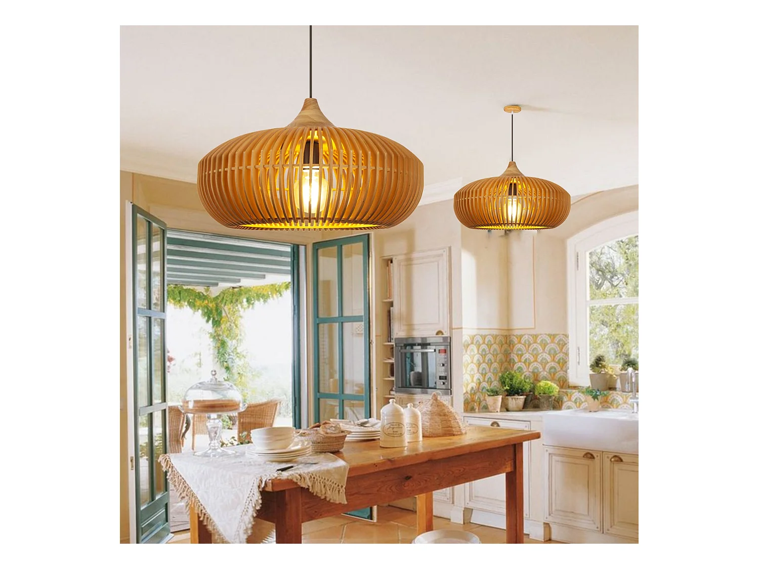 Suspension luminaire, éclairage intérieur, abat-jour tambour, bois, douille e27, naturel, lampe plafond suspendue en bois style rustique ferme,d43cm x h28cm.