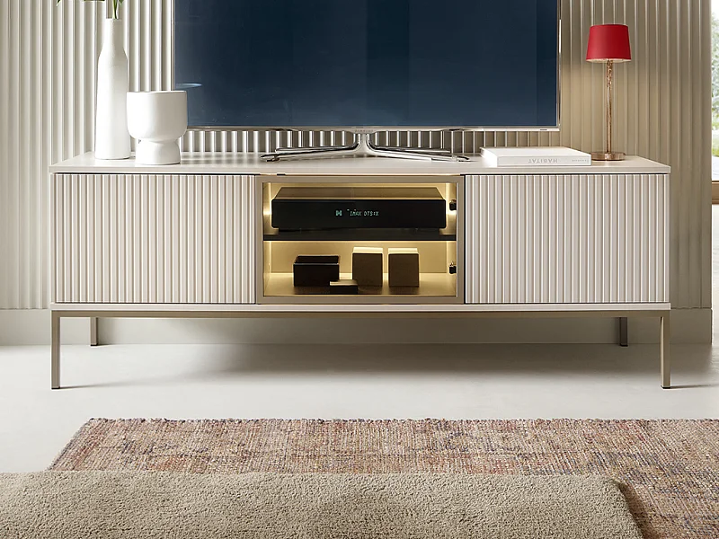 Mueble de TV 3 puertas con LEDs en MDF y vidrio ahumado - Beige y negro - OVILA