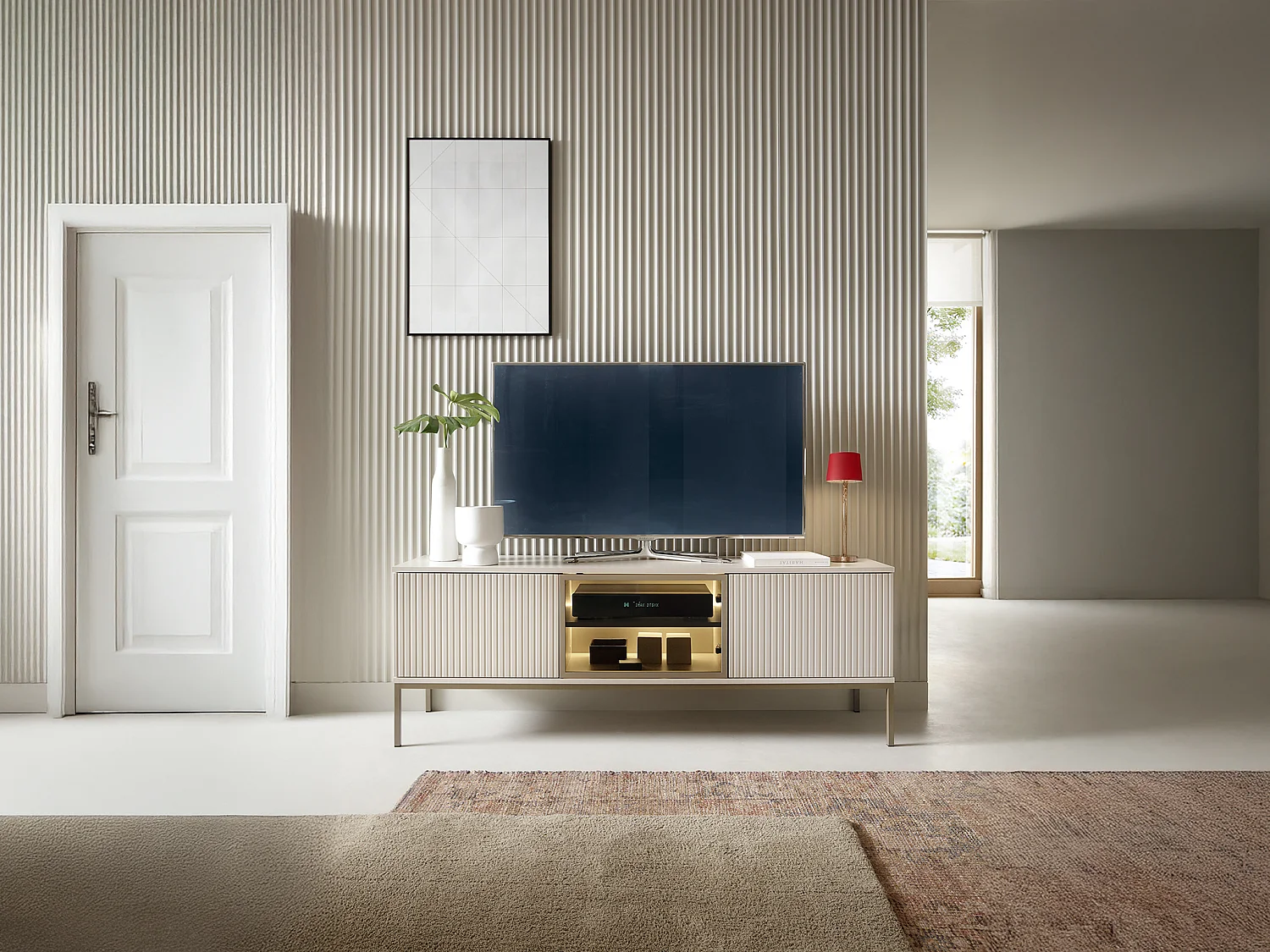 Meuble TV 3 portes avec LEDs en MDF et verre fumé - Beige et noir - OVILA