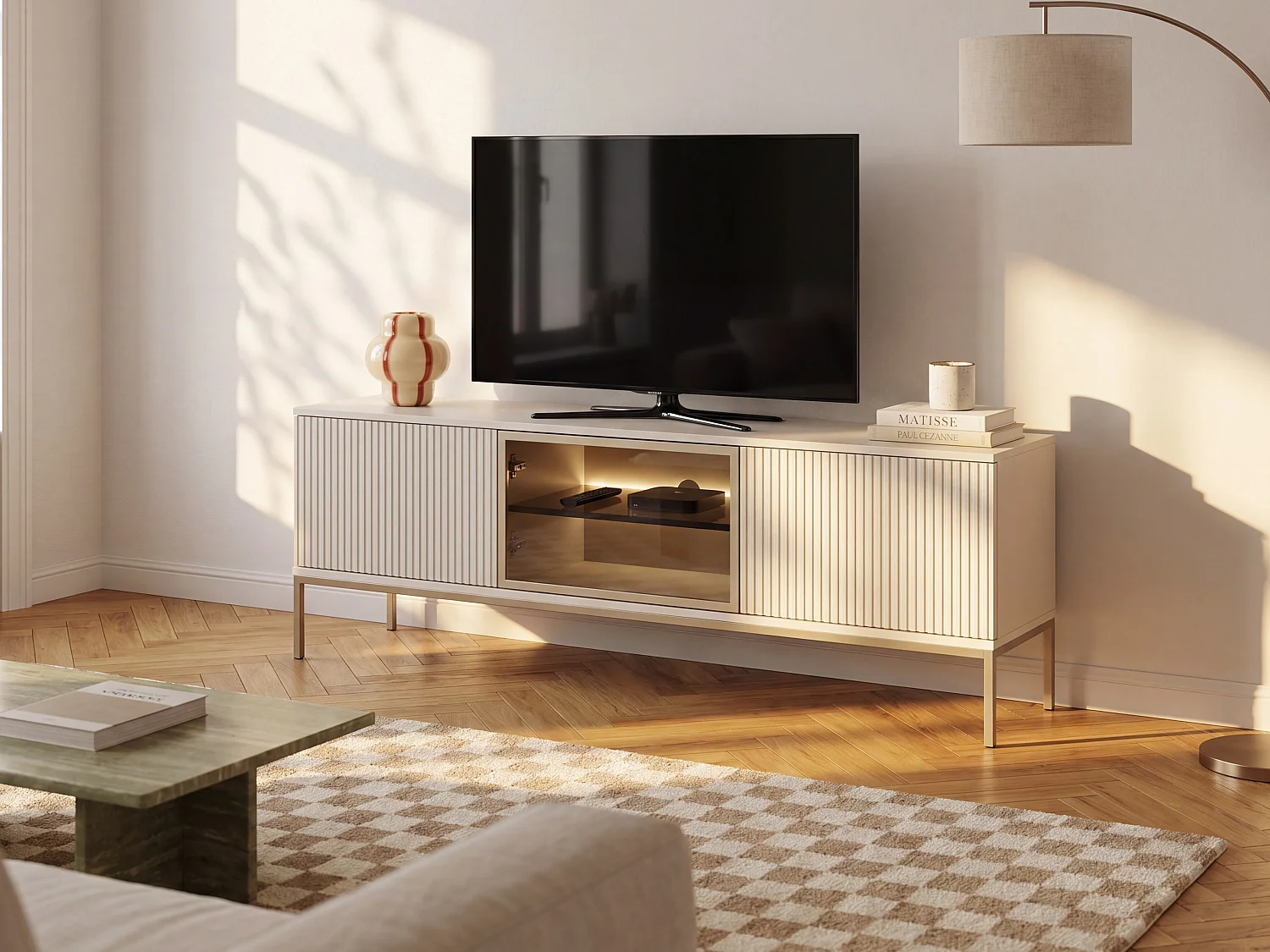 Mueble de TV 3 puertas con LEDs en MDF y vidrio ahumado - Beige y negro - OVILA