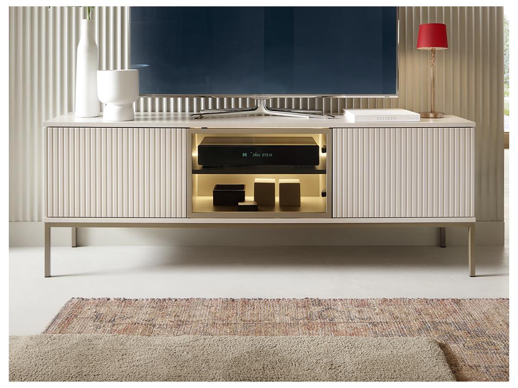 Meuble TV 3 portes avec LEDs en MDF et verre fumé - Beige et noir - OVILA