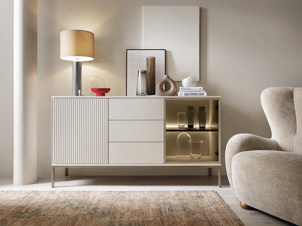 Vitrinenschrank - 2 Türen & 3 Schubladen - mit LED-Beleuchtung - MDF & Rauc günstig online kaufen