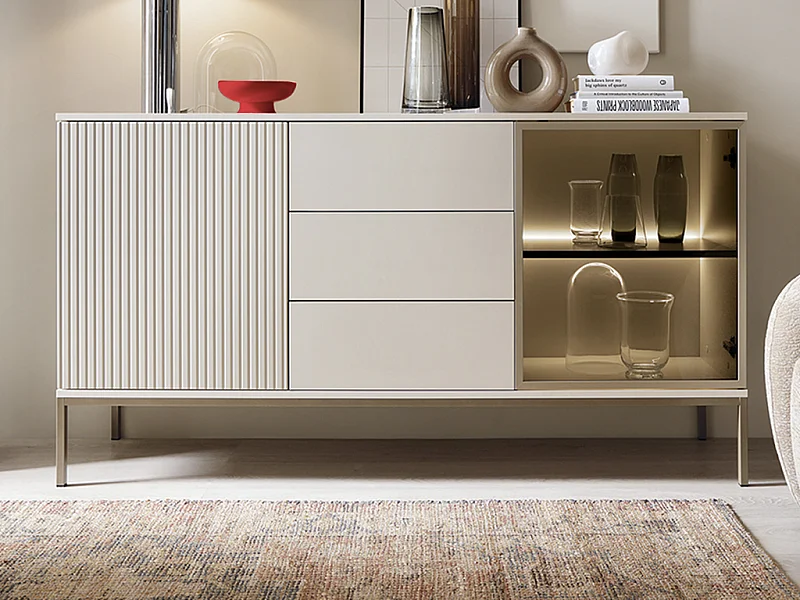 Vitrinenschrank - 2 Türen & 3 Schubladen - mit LED-Beleuchtung - MDF & Rauchglas - Beige & Schwarz - OVILA