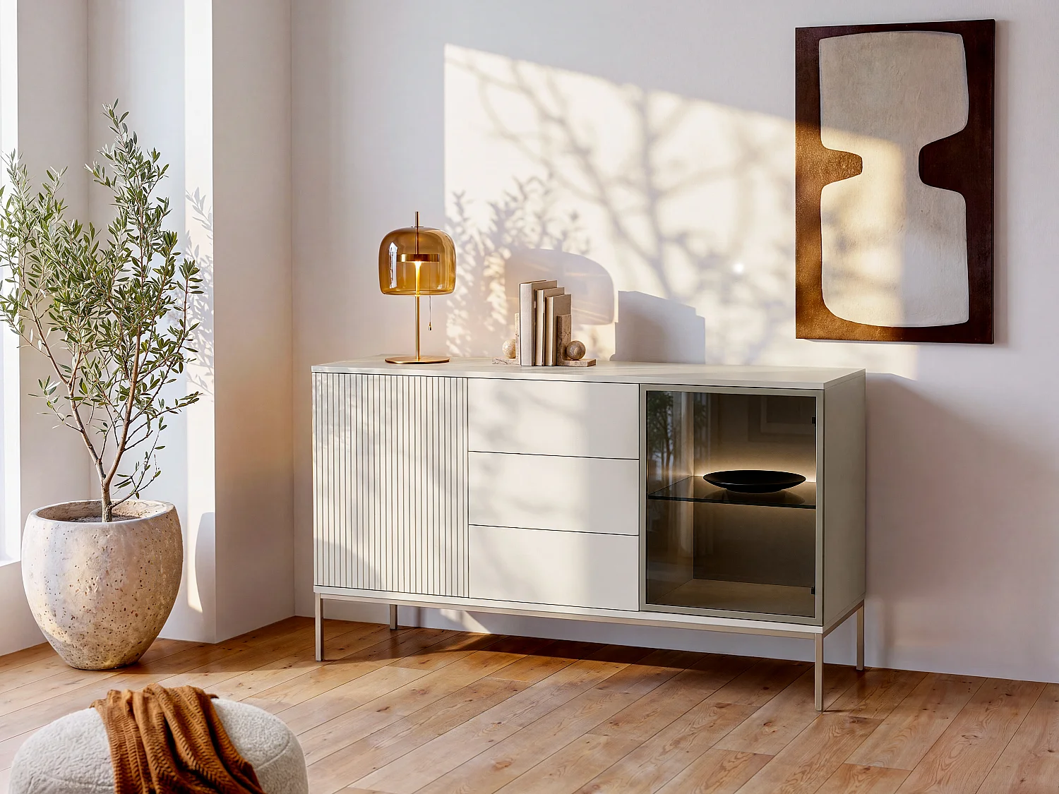 Skänk med 2 dörrar och 3 lådor beige MDF och svart rökt glas med LED-belysning OVILA