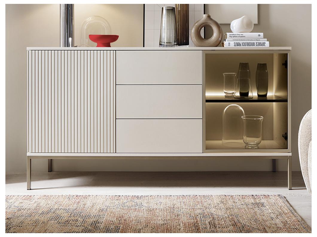 Credenza 2 ante e 3 cassetti con LED in MDF e Vetro fumé Beige e Nero OVILA