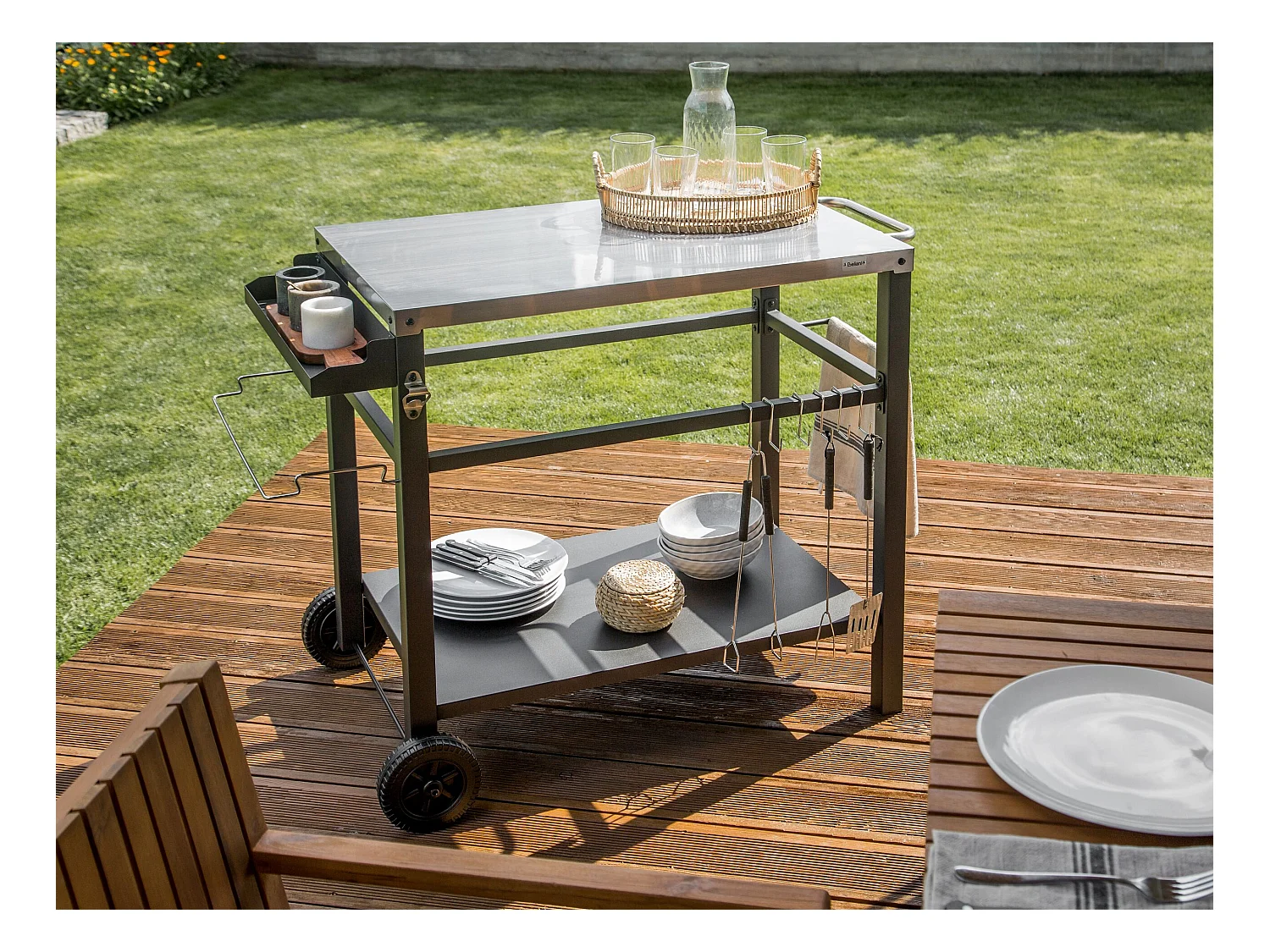Garten Servierwagen Metall schwarz / silber 2 Etagen mit Edelstahlplatte Spiazzi