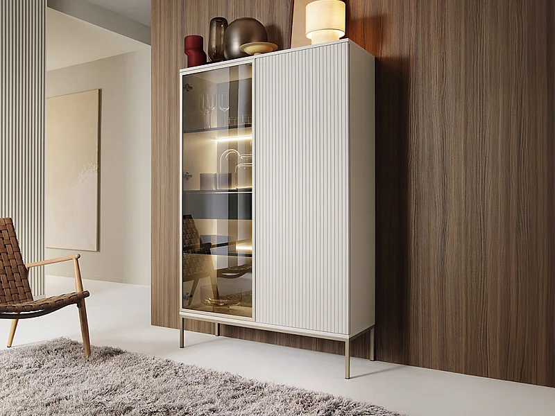 Vitrine 2 portes et 1 tiroir avec LEDs en MDF et verre fumé - Beige et noir - OVILA