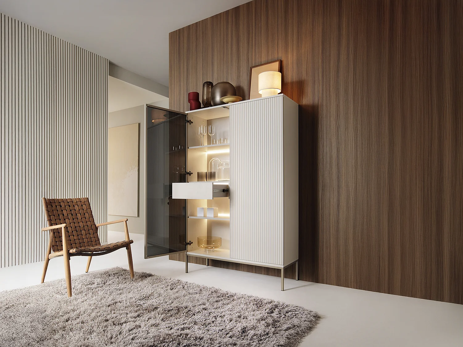 Vitrine 2 portes et 1 tiroir avec LEDs en MDF et verre fumé - Beige et noir - OVILA