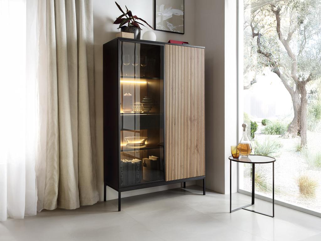 Vitrinenschrank - 2 Türen & 1 Schublade - mit LED-Beleuchtung - MDF & Rauch günstig online kaufen