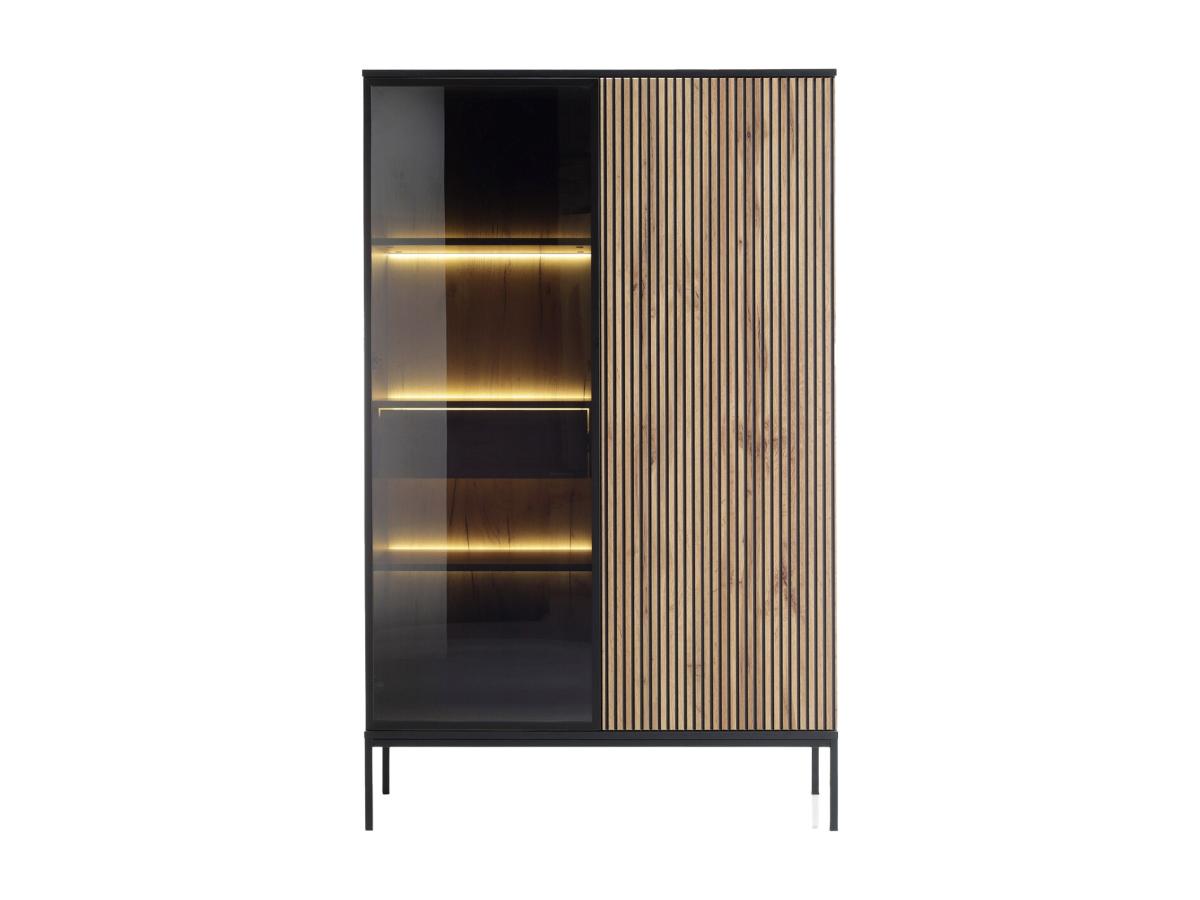 Vitrinenschrank - 2 Türen & 1 Schublade - mit LED-Beleuchtung - MDF & Rauch günstig online kaufen
