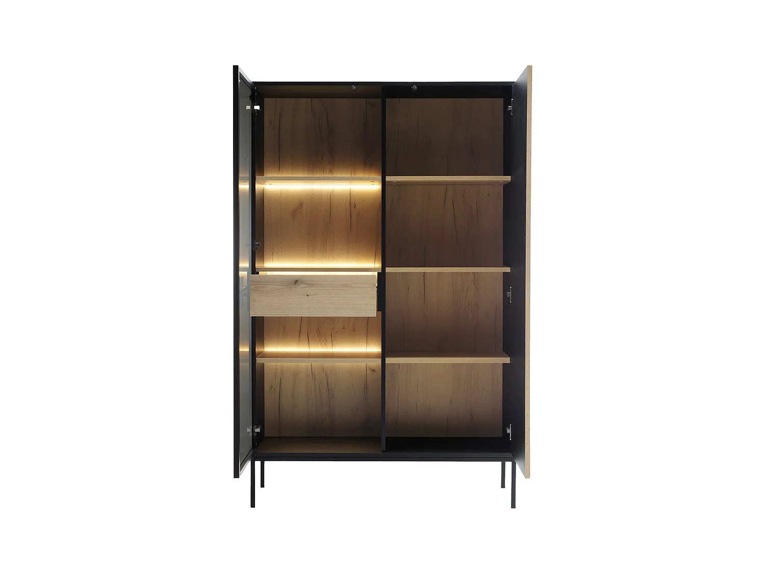 Vitrine med 2 dører og 1 skuff med LED-lys i MDF og røykfarget glass - Svart og Naturlig - OVILA