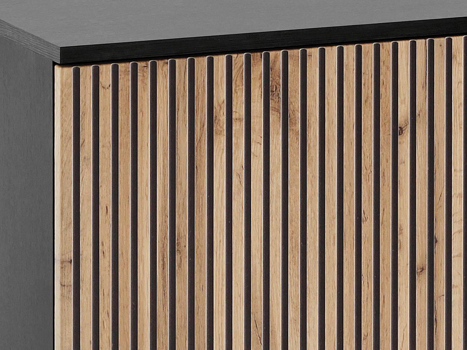 Vitrinenschrank - 2 Türen & 1 Schublade - mit LED-Beleuchtung - MDF & Rauchglas - Schwarz & Holzfarben - OVILA