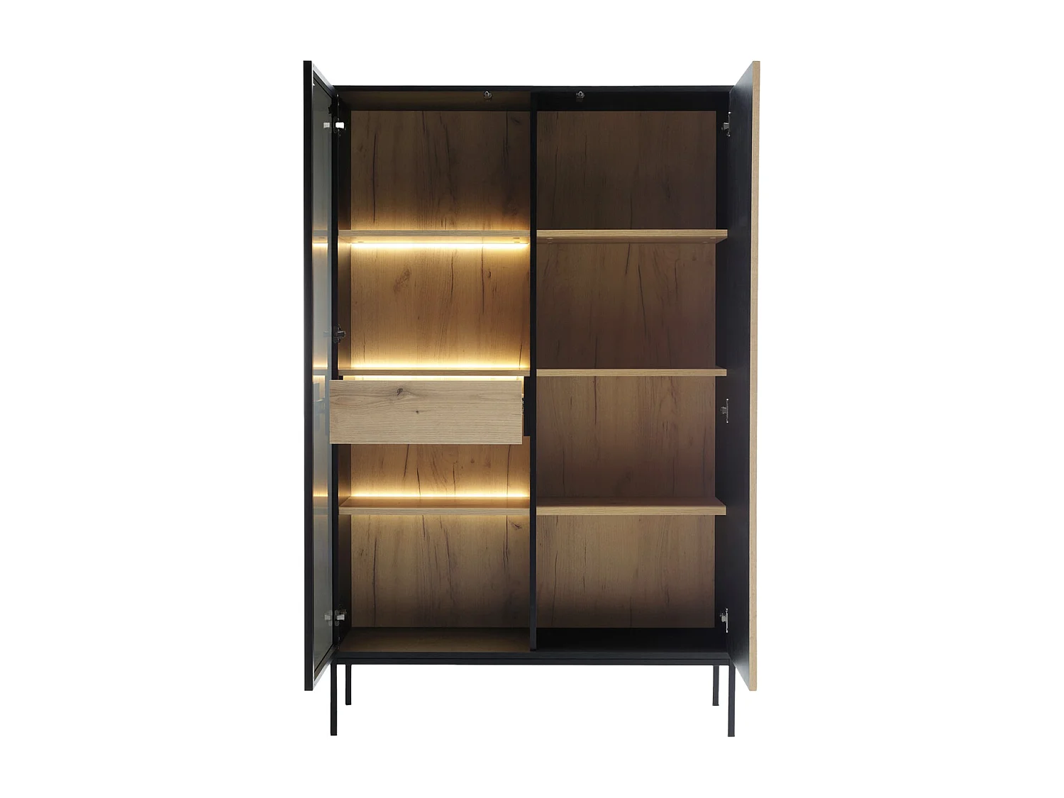 Vitrinenschrank - 2 Türen & 1 Schublade - mit LED-Beleuchtung - MDF & Rauchglas - Schwarz & Holzfarben - OVILA