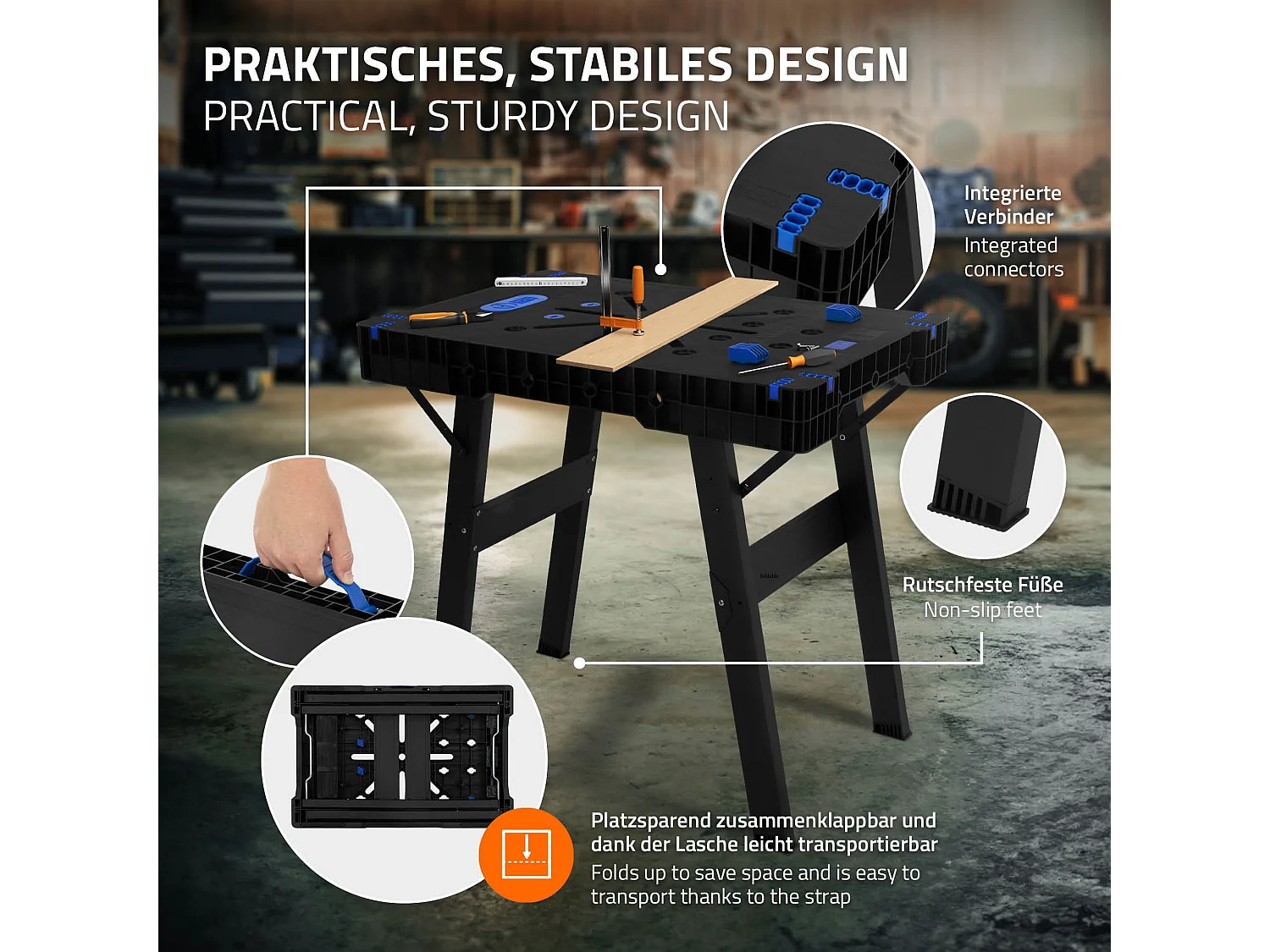 Banco da lavoro portatile pieghevole a cavalletto  estensibile carico di 150 kg