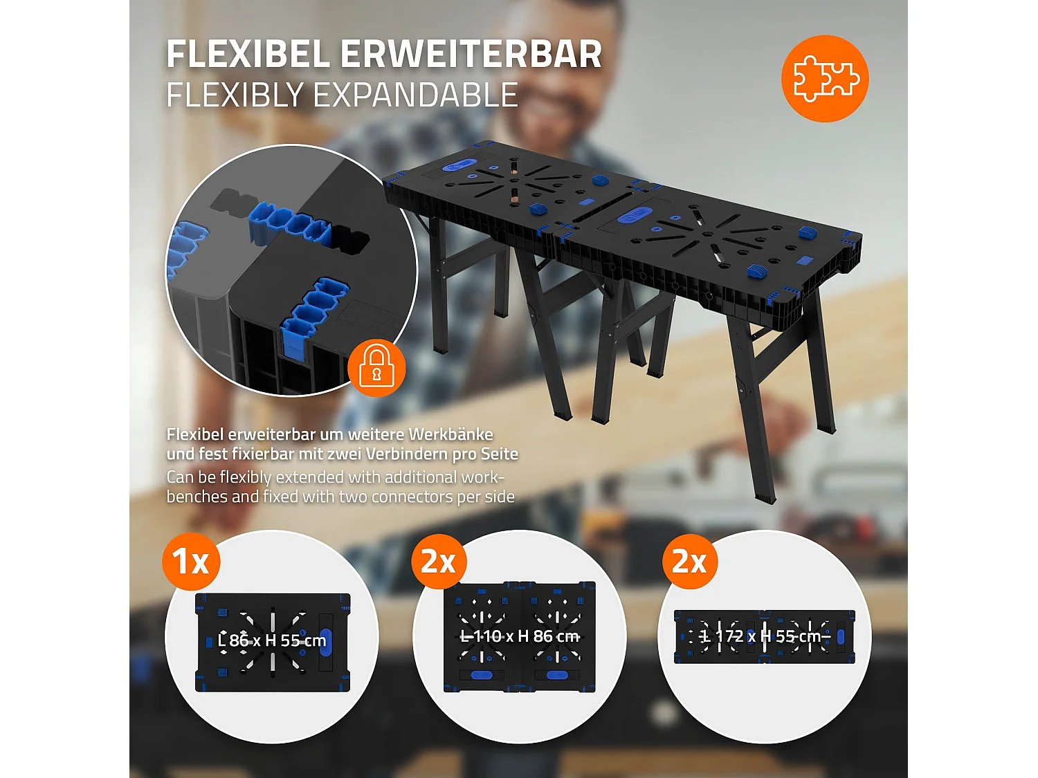 Banco da lavoro portatile pieghevole a cavalletto  estensibile carico di 150 kg