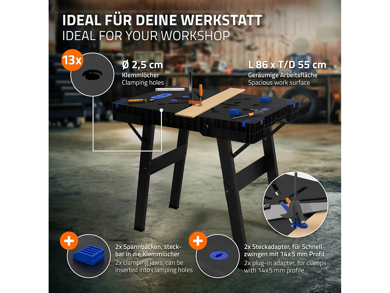 Banco da lavoro portatile pieghevole a cavalletto  estensibile carico di 150 kg