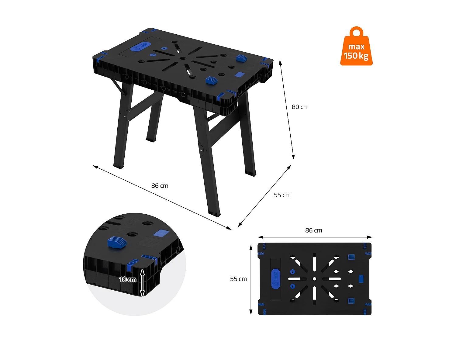 Banco da lavoro portatile pieghevole a cavalletto  estensibile carico di 150 kg