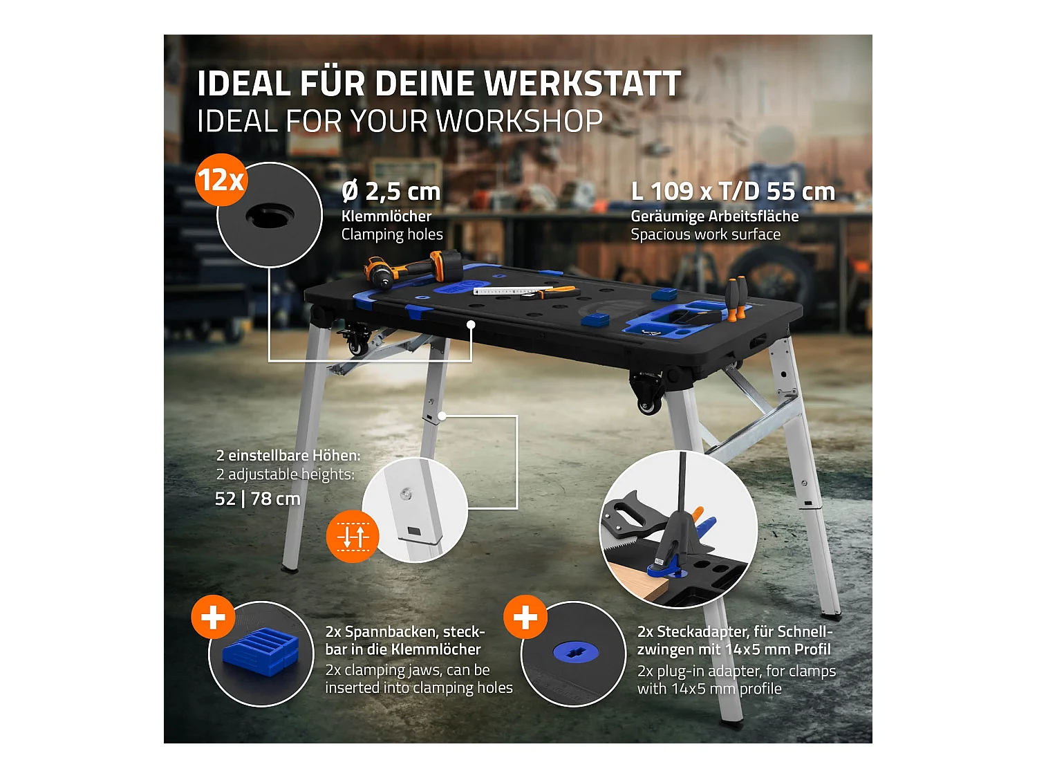 Établi pliable table de travail serrage chariot d'atelier portable réglable 7en1
