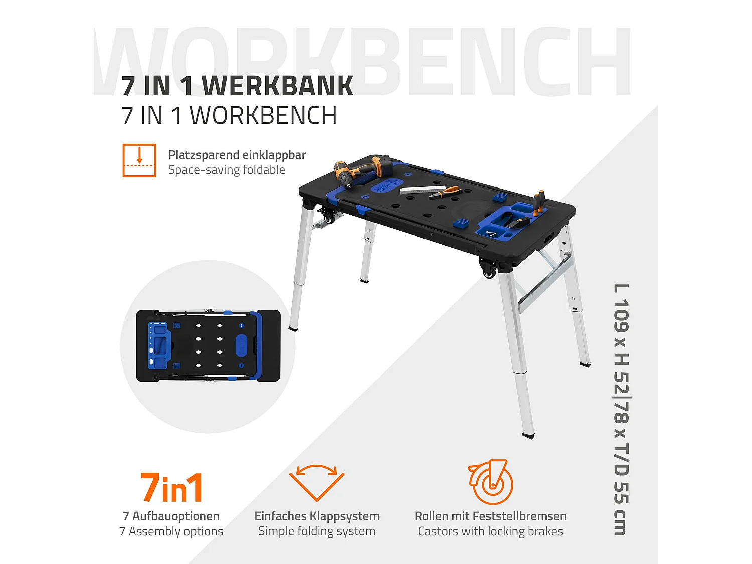 Établi pliable table de travail serrage chariot d'atelier portable réglable 7en1